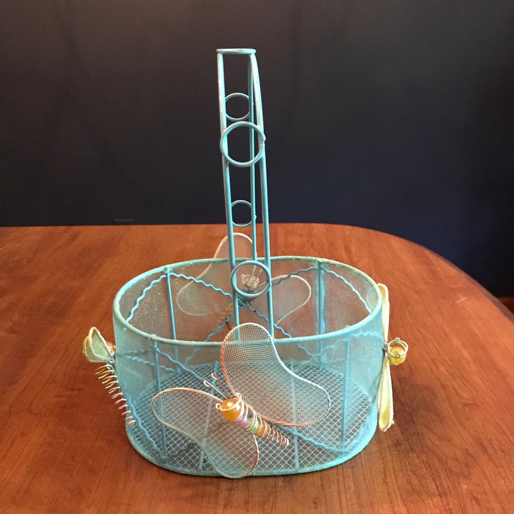 Blue metal Easter  basket with butterfly detail on sides